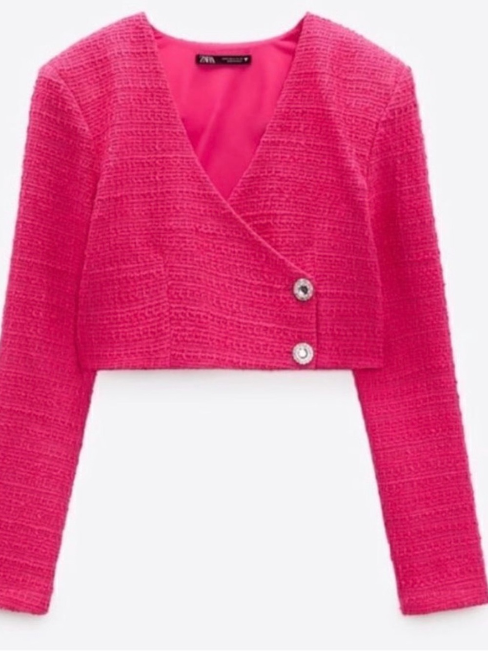 Zara Hot Pink Cropped V-Neck Bouclé Sweater Jacket